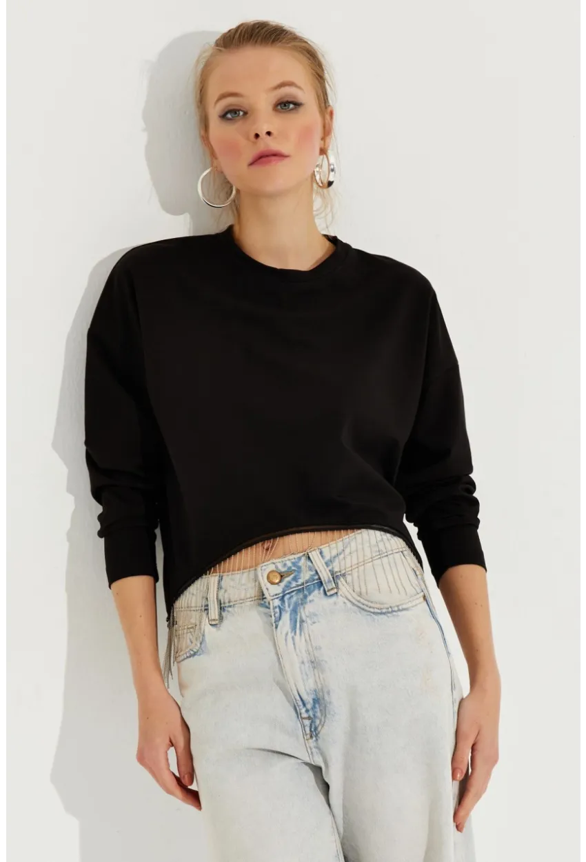 Kadın Siyah Zincirli Asimetrik Sweatshirt EY2664