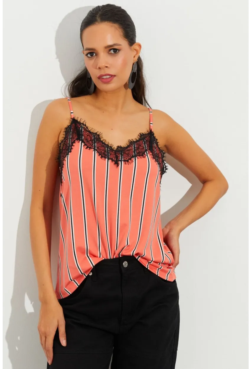 Kadın Somon Dantelli Çizgili Atlet LPP1223