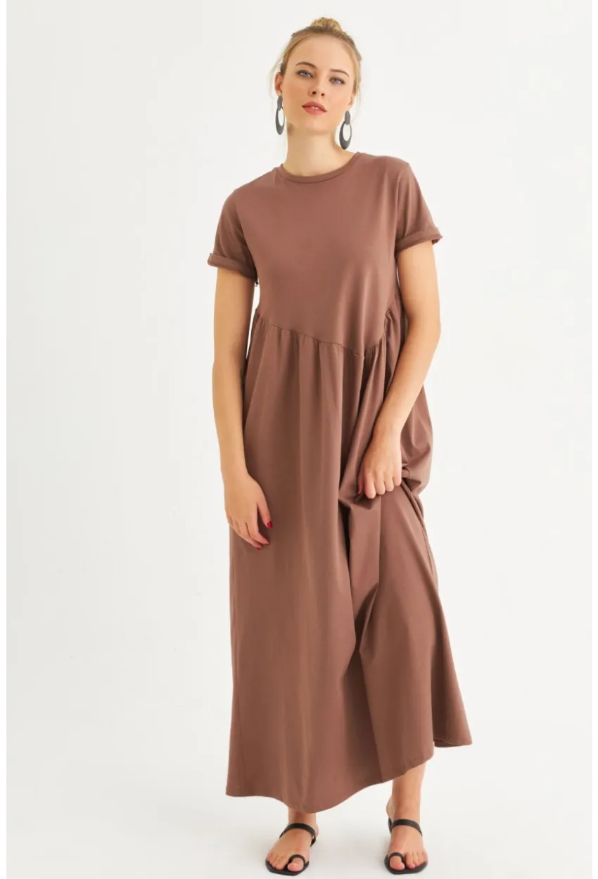 Kadın Sütlü Kahve Asimetrik Dikişli Maxi Elbise MDMR440