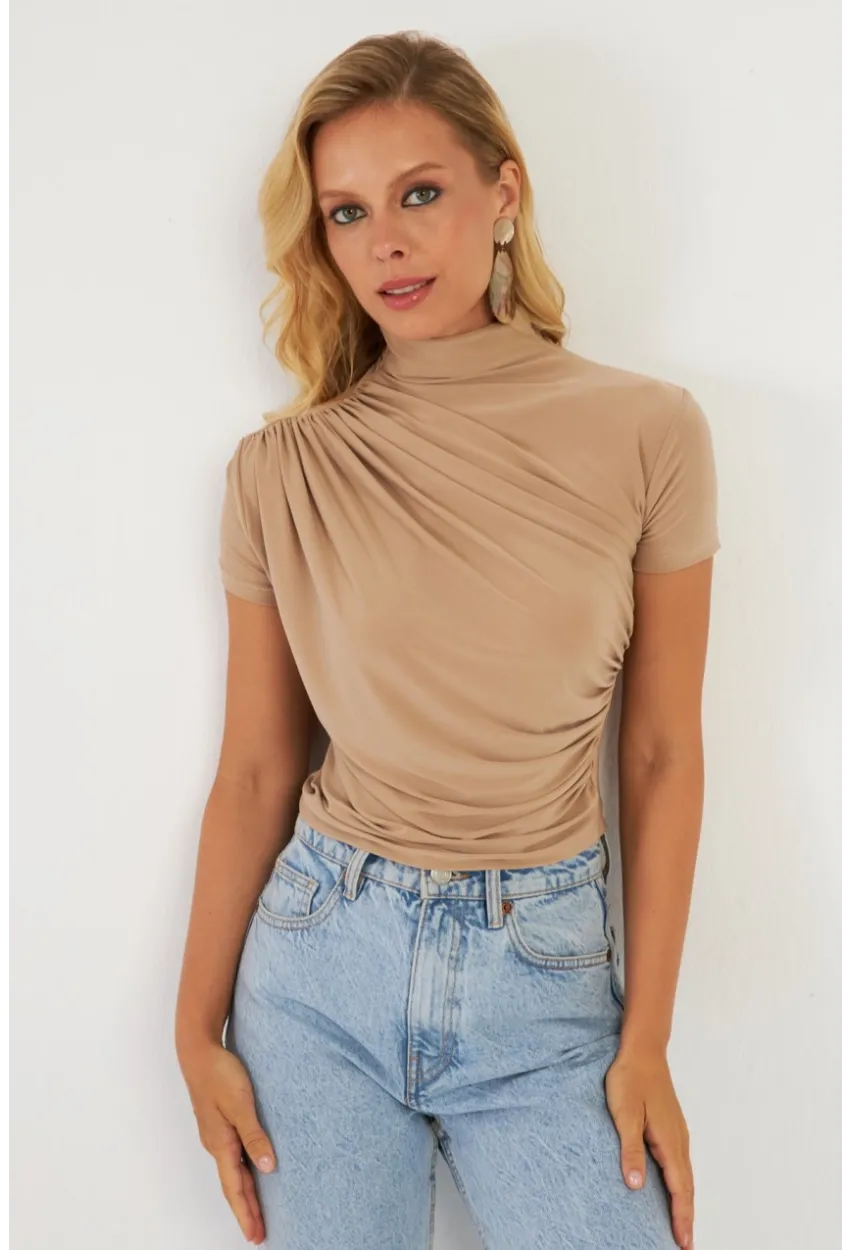 Kadın Sütlü Kahve Büzgülü Bluz LPP1287