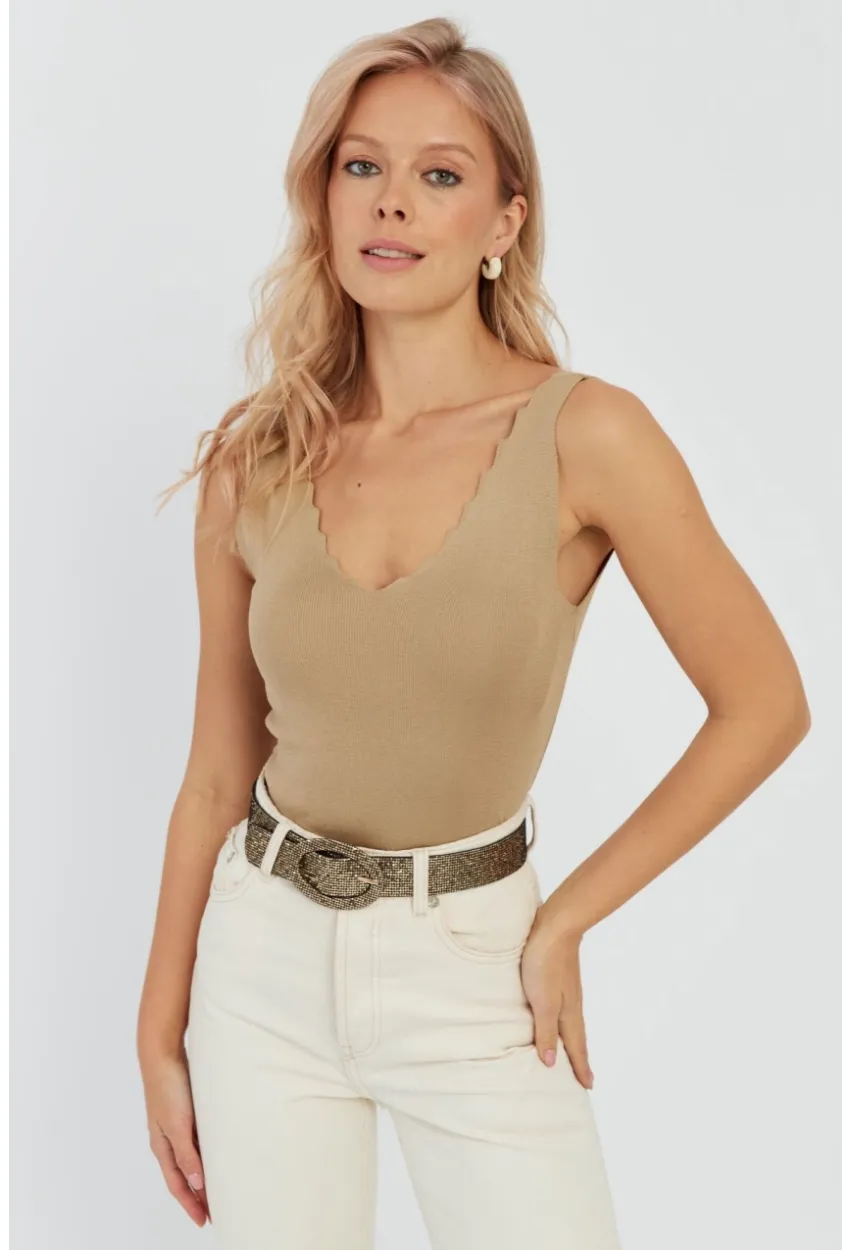 Kadın Sütlü Kahve Merdiven Yaka Triko Bluz YV83