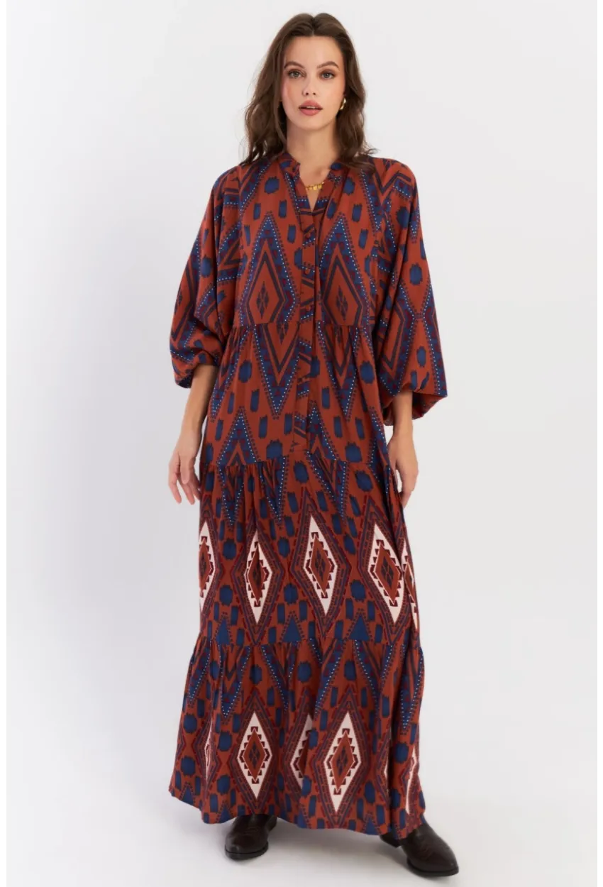 Kadın Taba Desenli Volanlı Maxi Dokuma Elbise ALO339
