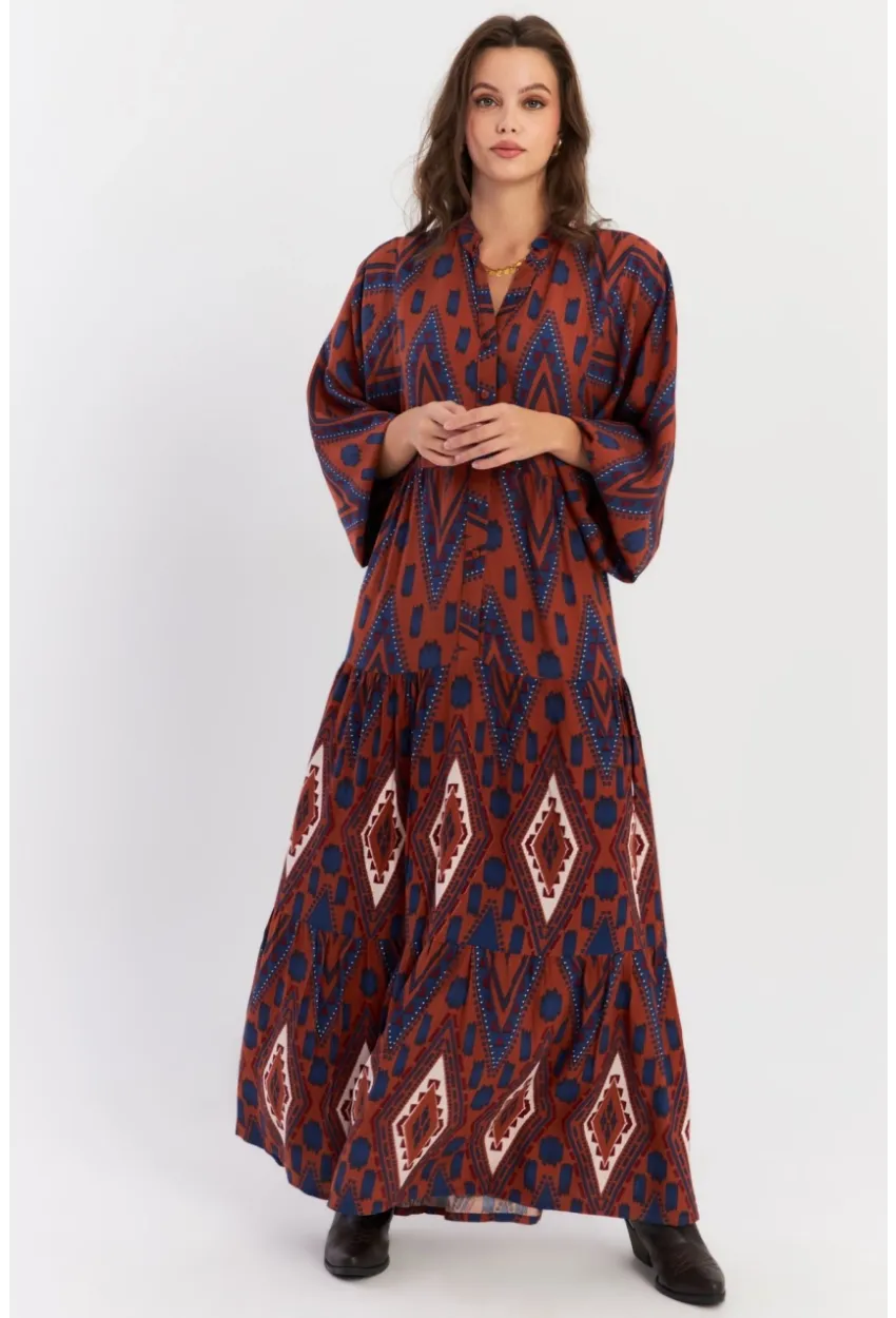 Kadın Taba Desenli Volanlı Maxi Dokuma Elbise ALO339