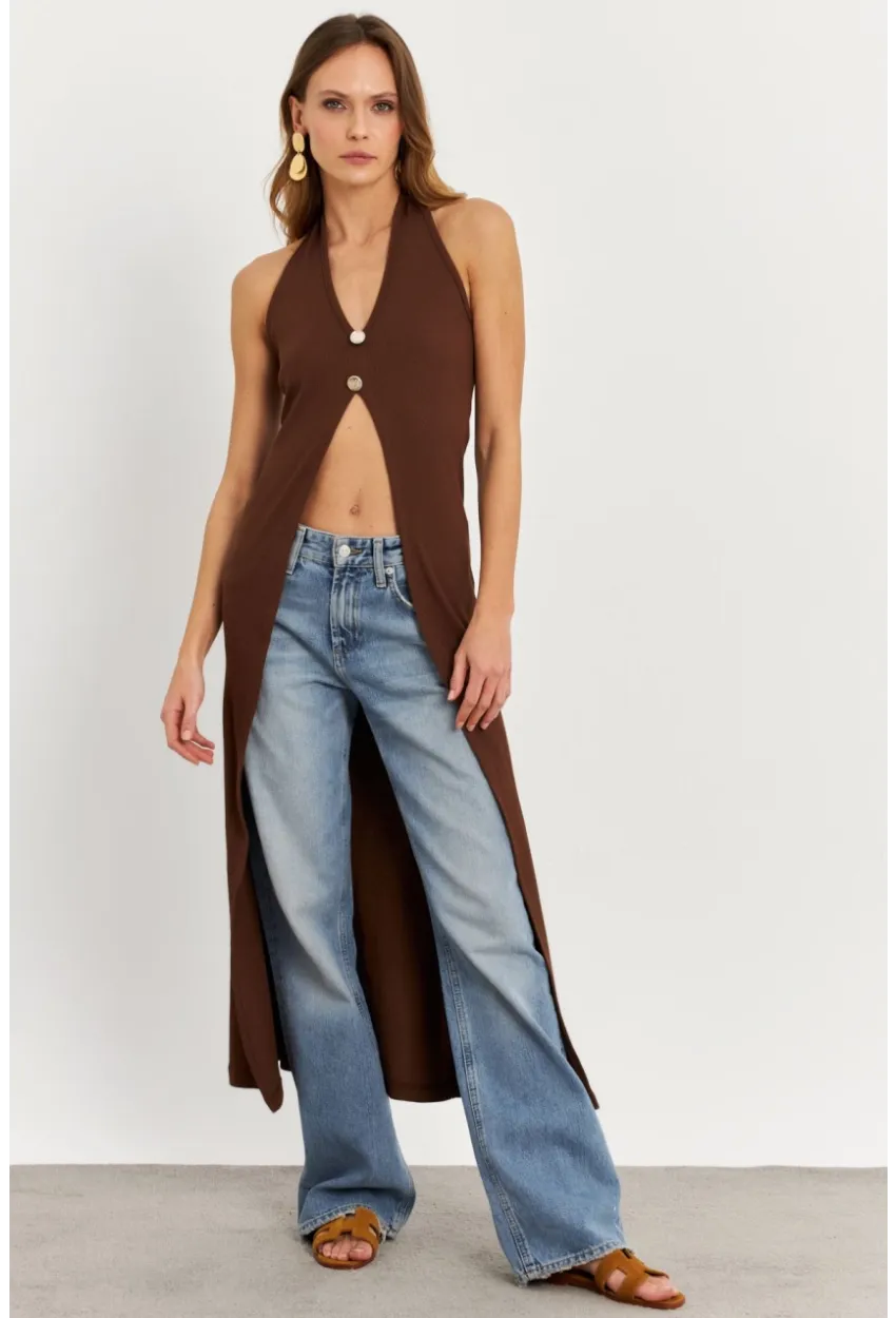 Kadın Taba Düğme Detaylı Uzun Yelek EY3048