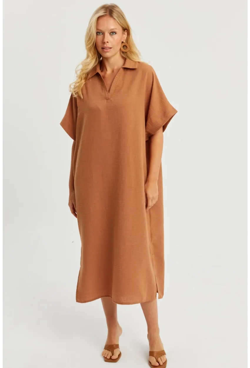 Kadın Taba Keten Midi Elbise DMR85