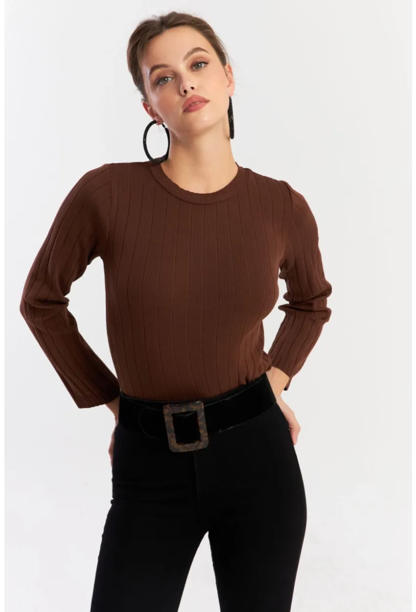 Kadın Taba Kısa Triko Bluz YV290