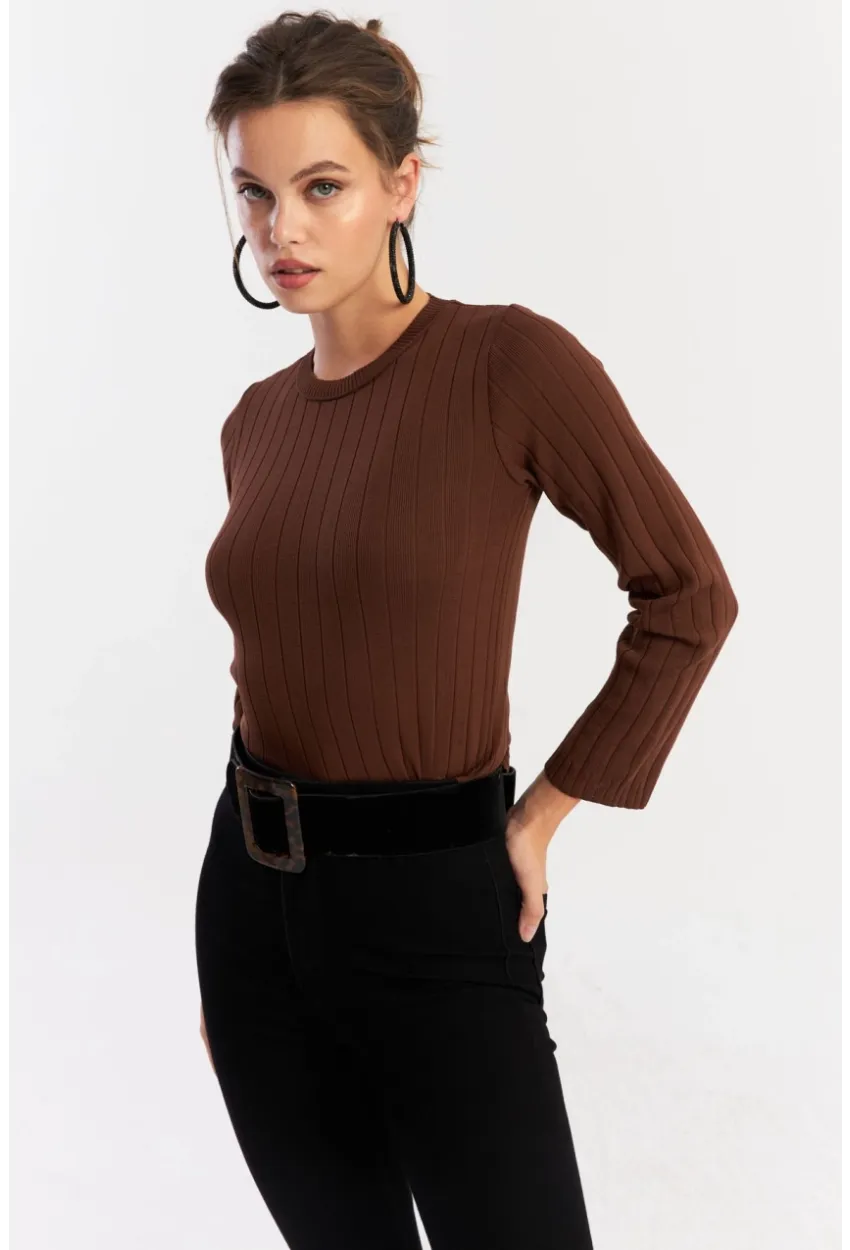 Kadın Taba Kısa Triko Bluz YV290