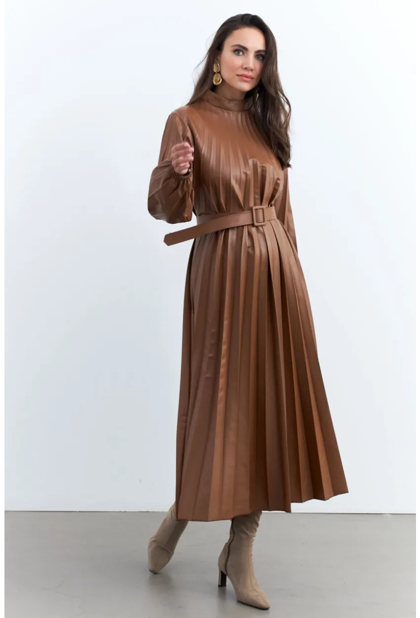 Kadın Taba Pileli Kemerli Maxi Elbise MALZ99