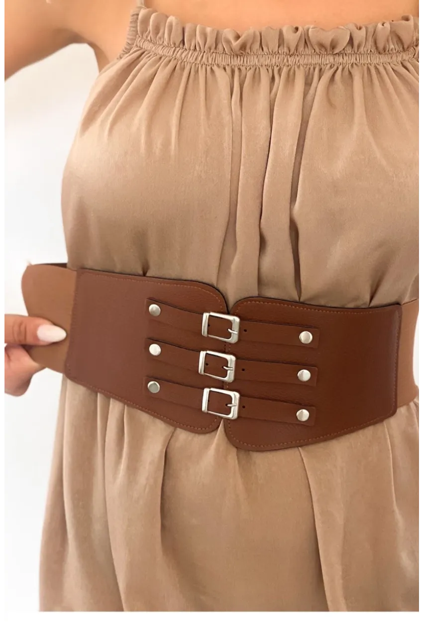 Kadın Taba Üç Tokalı Lastikli Korse Kemer BE642