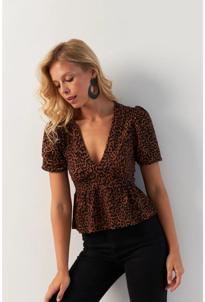 Kadın Taba V Yaka Desenli Bluz KAZ21