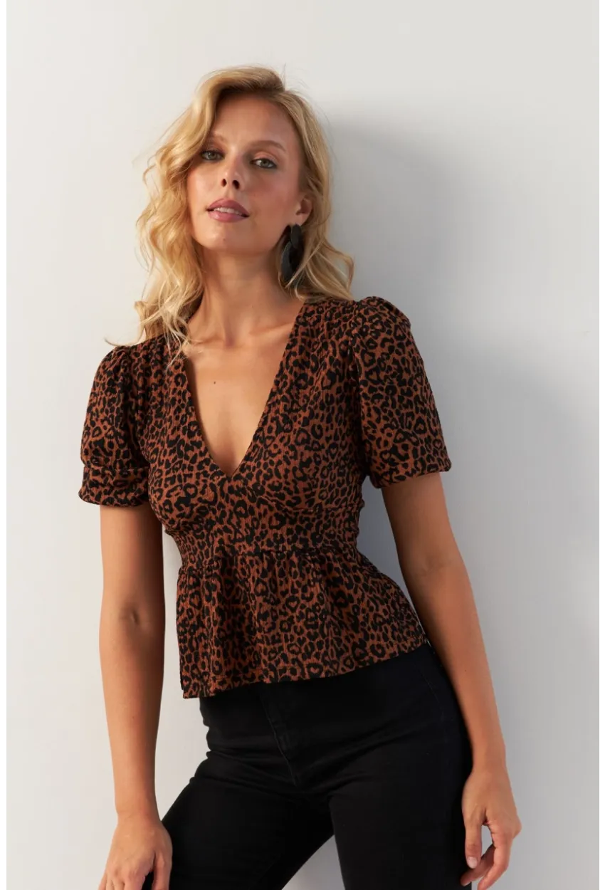 Kadın Taba V Yaka Desenli Bluz KAZ21