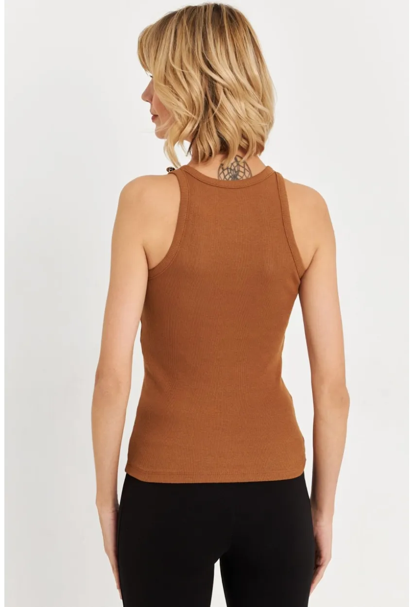 Kadın Tarçın Düğme Detaylı Kolsuz Kaşkorse Bluz TF55