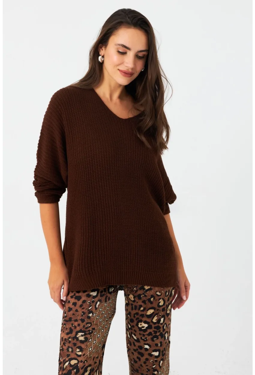 Kadın Tarçın V Yaka Salaş Triko Bluz SMT158