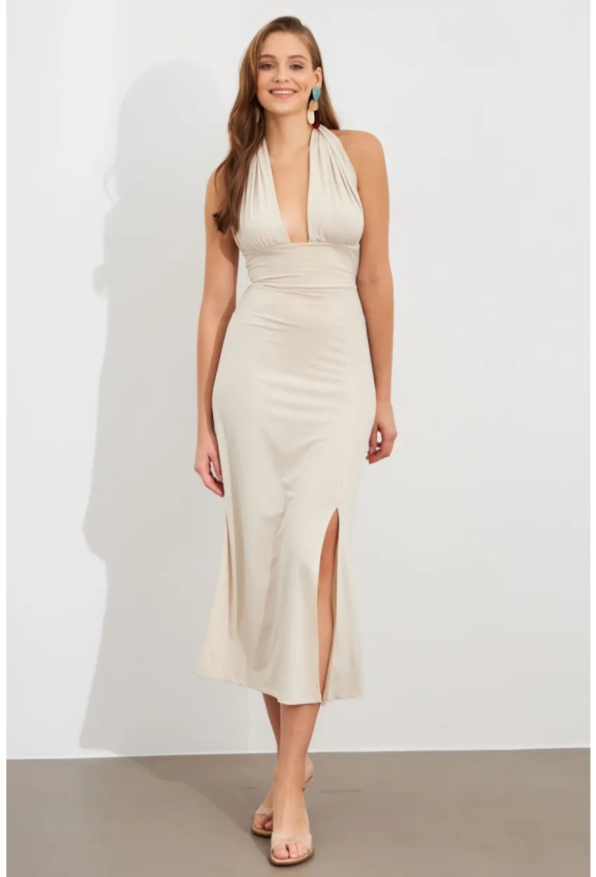 Kadın Taş Bağlamalı Sırt Dekolteli Maxi Elbise UG2003