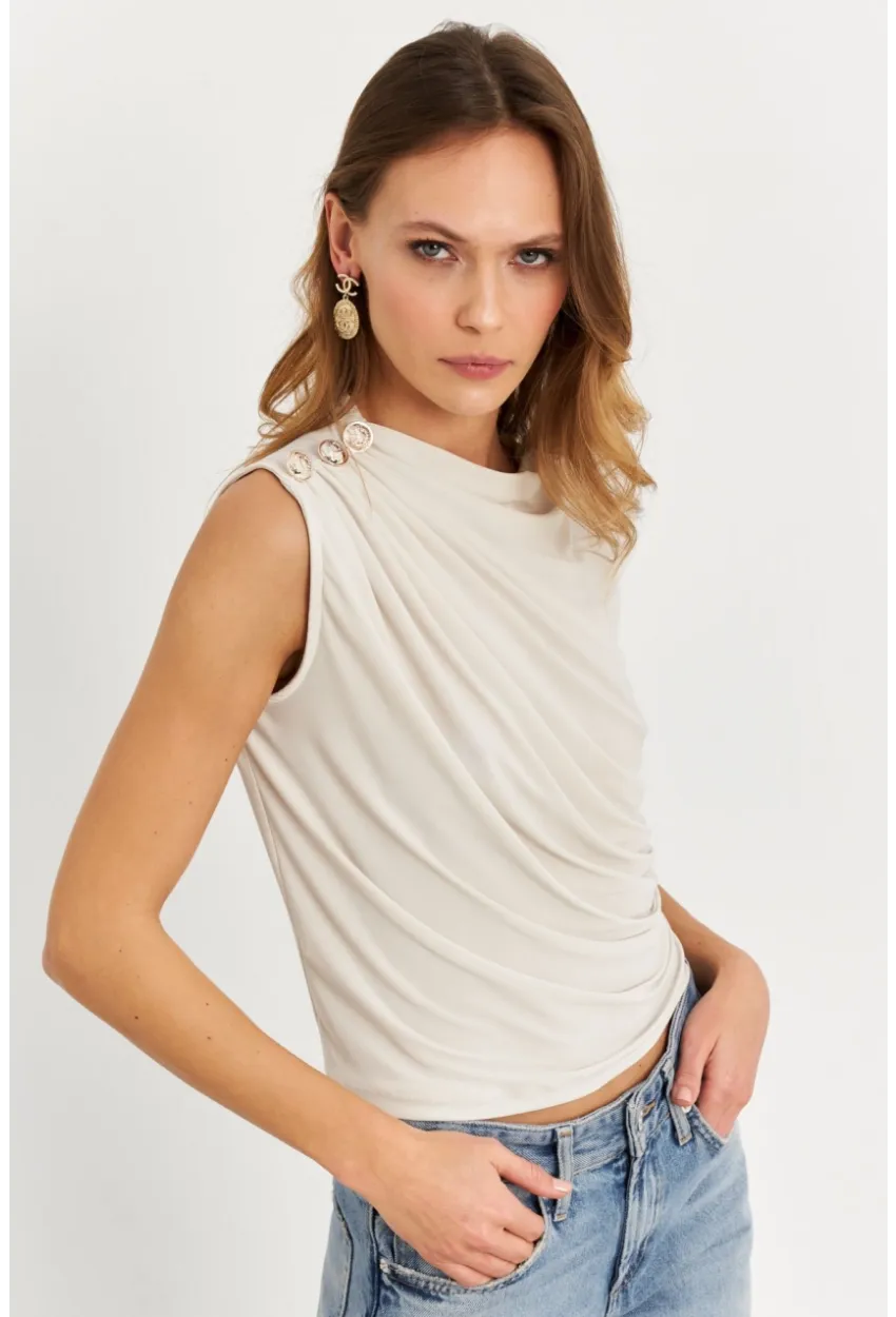 Kadın Taş Düğme Detaylı Büzgülü Bluz LPP1205-1