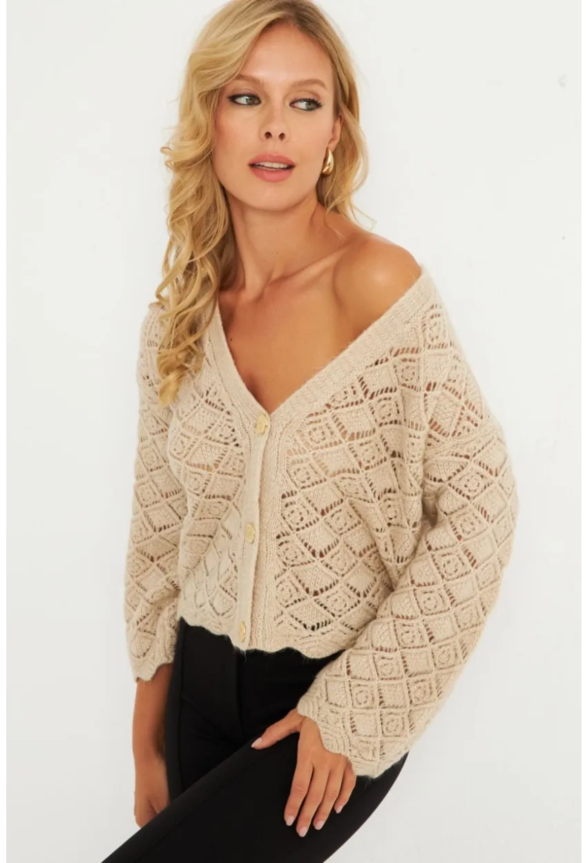 Kadın Taş Düğme Detaylı Hırka YV276