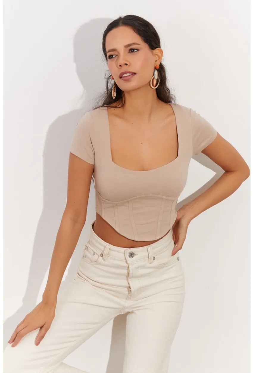 Kadın Taş Kare Yaka Crop Bluz RX420