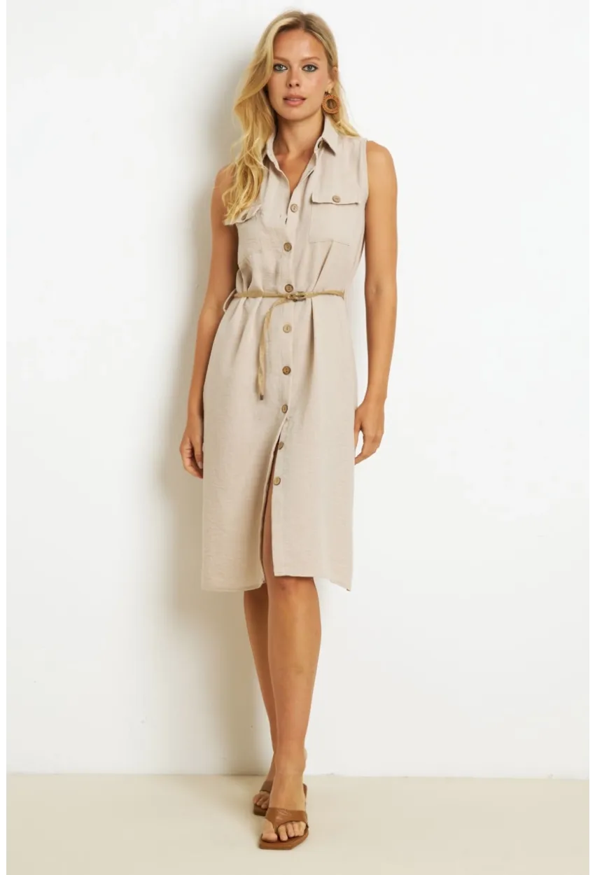 Kadın Taş Kemerli Gömlek Midi Elbise SGT404