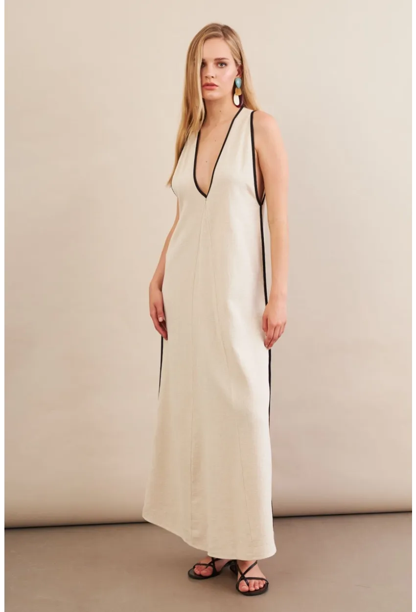 Kadın Taş Kontrast Çizgili Maxi Keten Elbise MSİ101