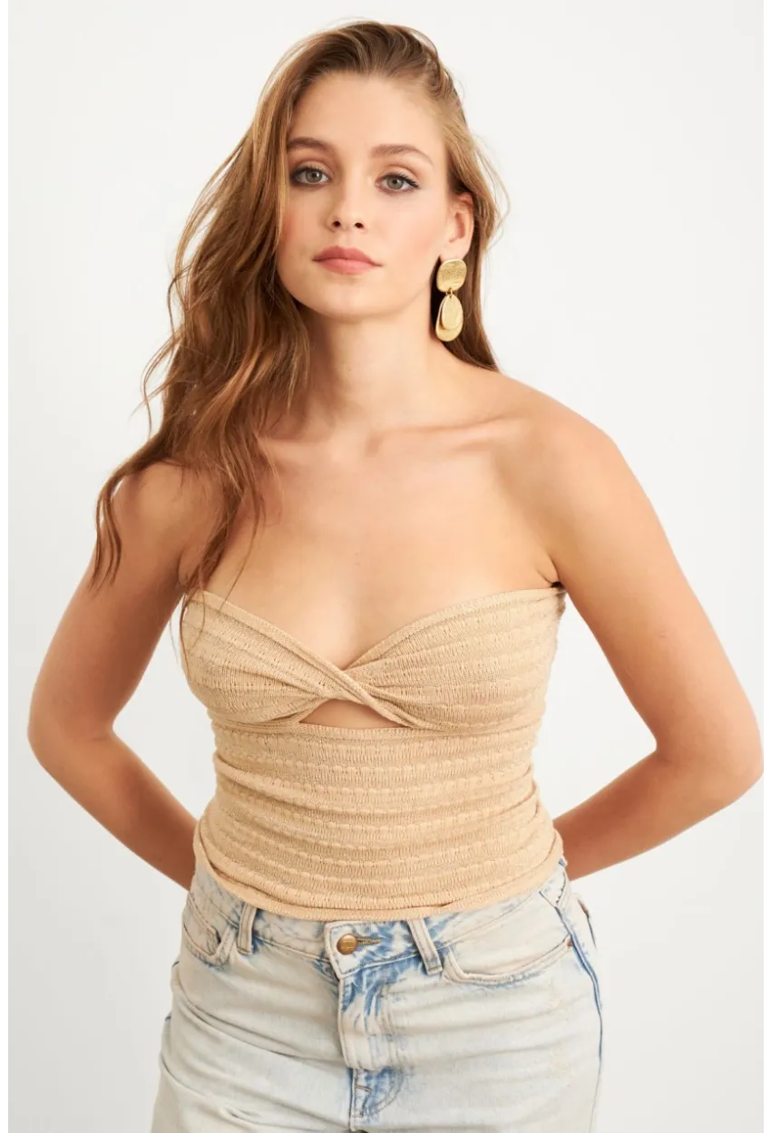 Kadın Taş Simli Straplez Triko Bluz SE16