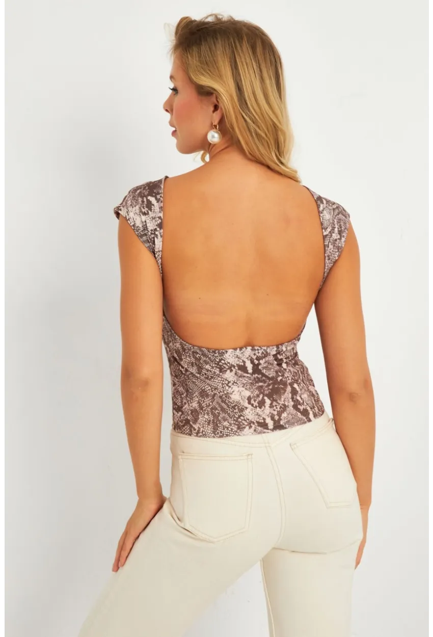 Kadın Taş Sırtı Açık Yılan Desenli Yılbaşı Bluz GÇ185