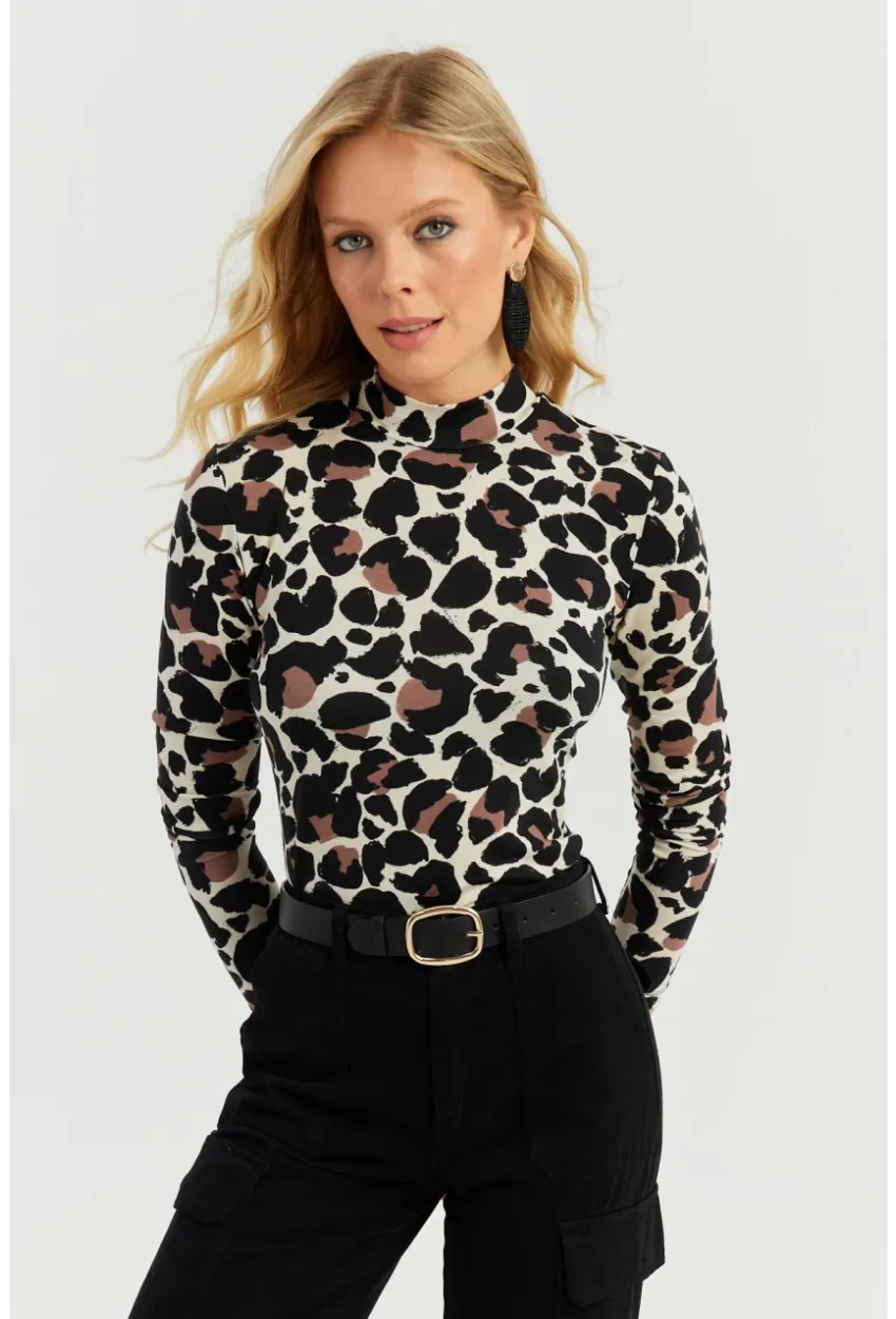 Kadın Taş-Siyah Leopar Desenli Bluz AYD267