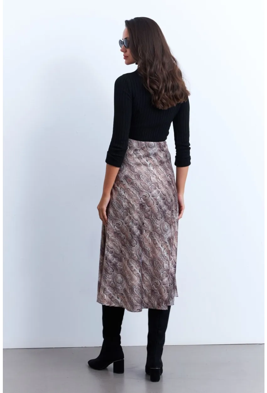 Kadın Taş-Siyah Yılan Desenli Saten Çan Etek ELT161