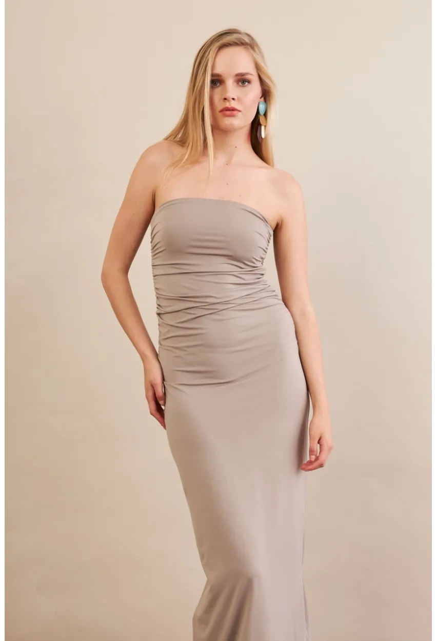 Kadın Taş Straplez Büzgülü Midi Elbise MX2005