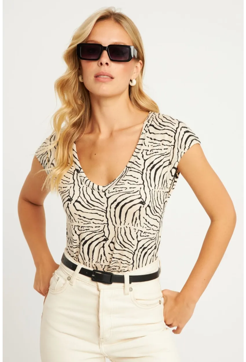 Kadın Taş V Yaka Desenli Bluz LPP1285