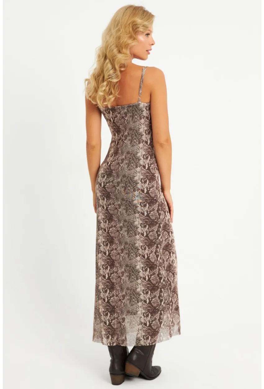 Kadın Taş Yılan Desenli Astarlı Midi Yılbaşı Elbise GÇ180