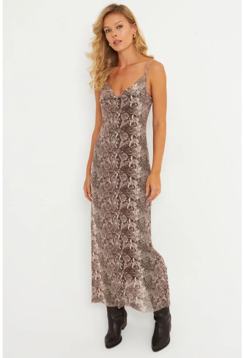Kadın Taş Yılan Desenli Astarlı Midi Yılbaşı Elbise GÇ180