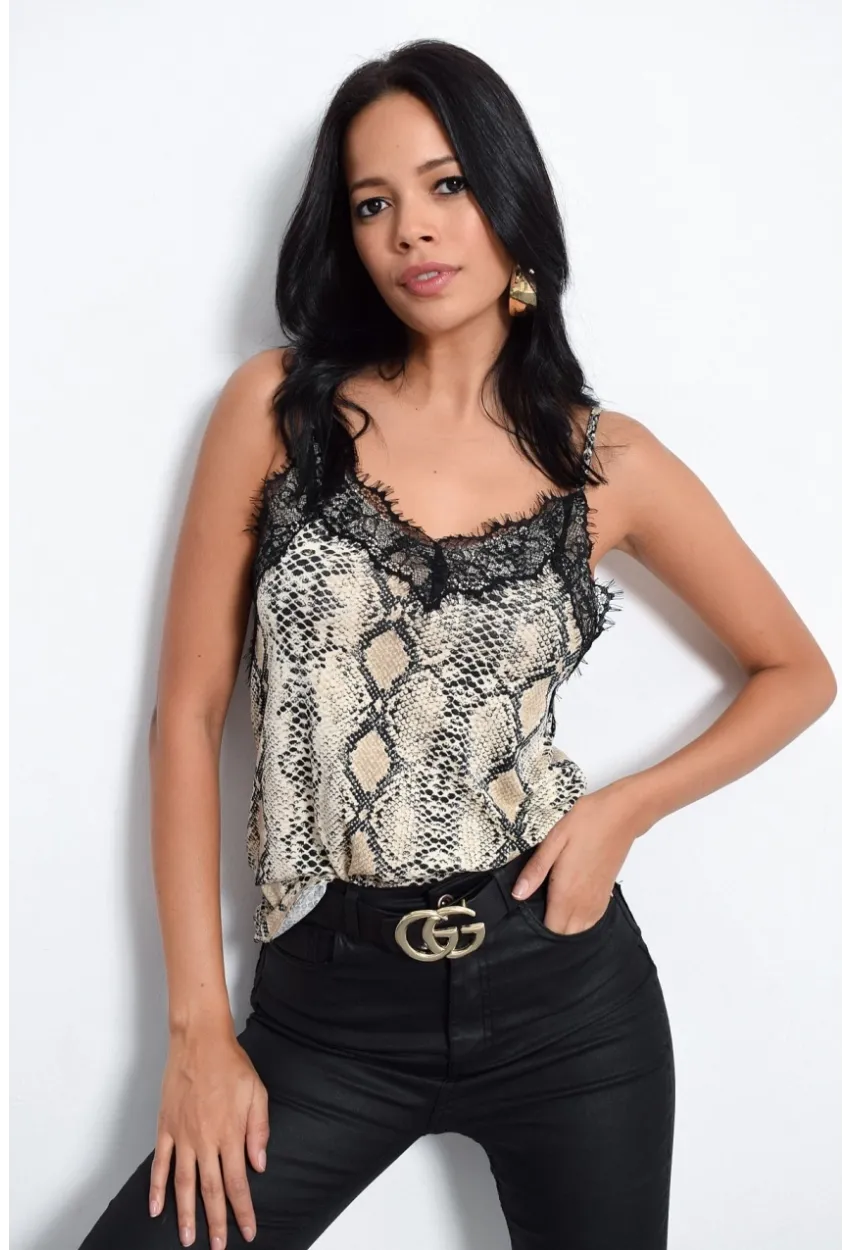 Kadın Taş Yılan Desenli Dantelli Atlet