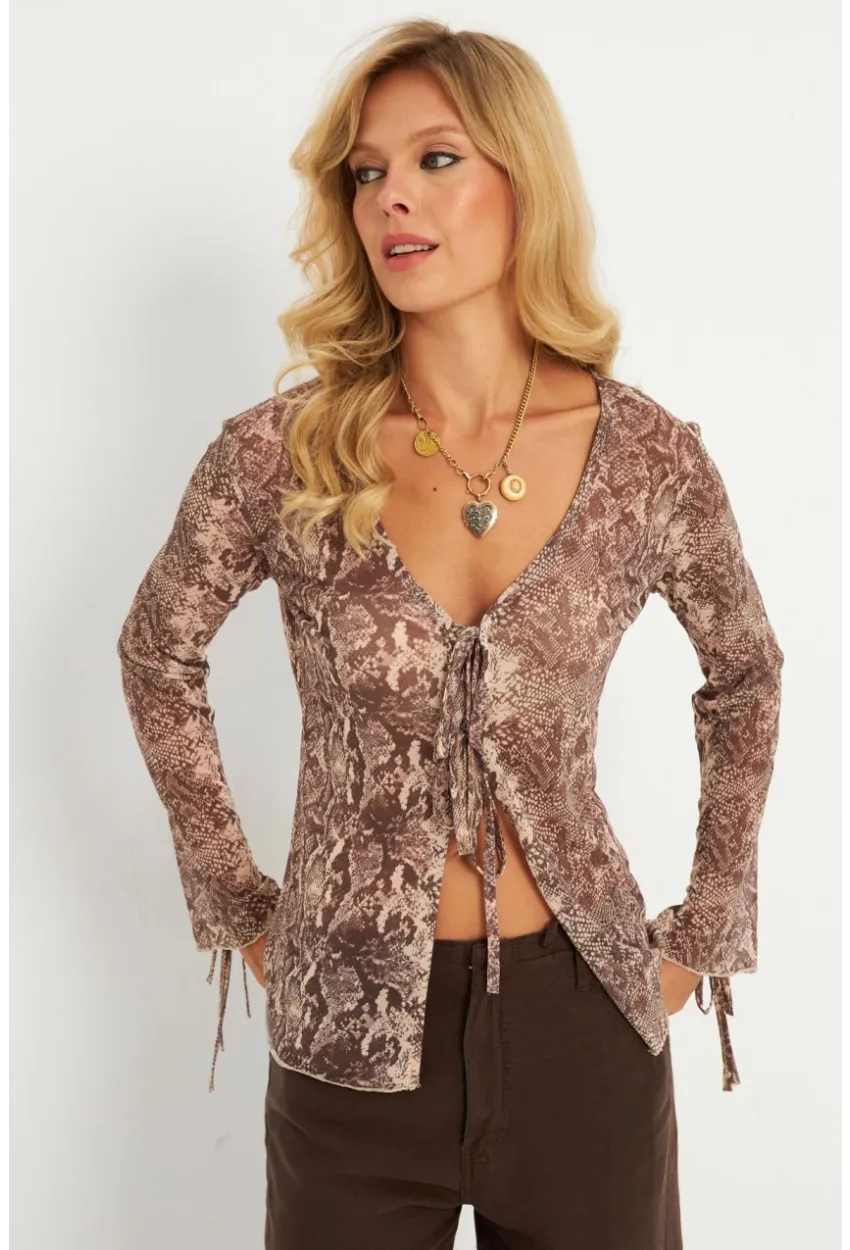 Kadın Taş Yılan Desenli Tül  Bluz GÇ175