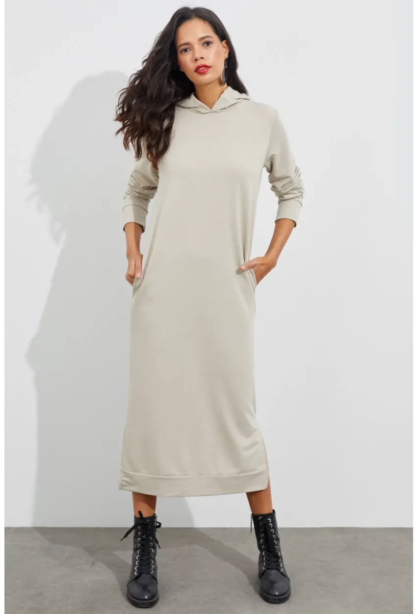 Kadın Taş Yırtmaçlı Kapüşonlu Maxi Elbise EY1111