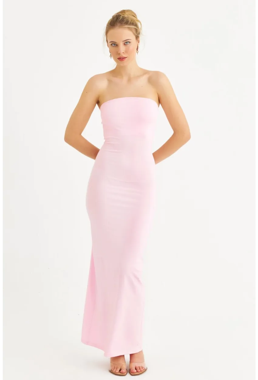 Kadın Toz Pembe Straplez Yırtmaçlı Midi Elbise XC005