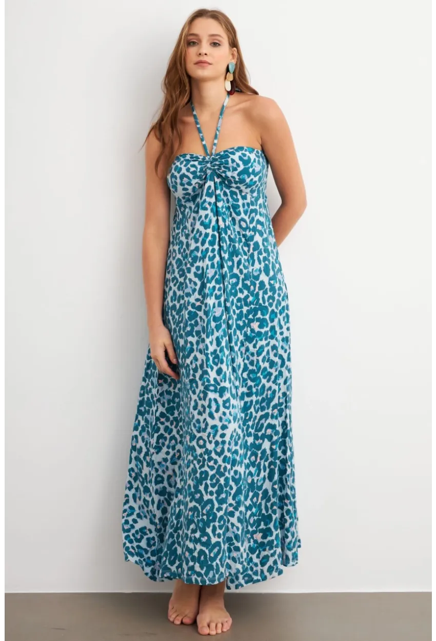Kadın Turkuaz Büzgülü Desenli Midi Elbise KAB304