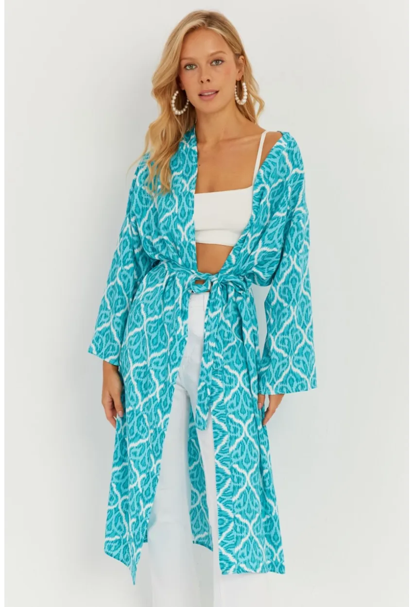 Kadın Turkuaz Desenli Kimono GÇ155