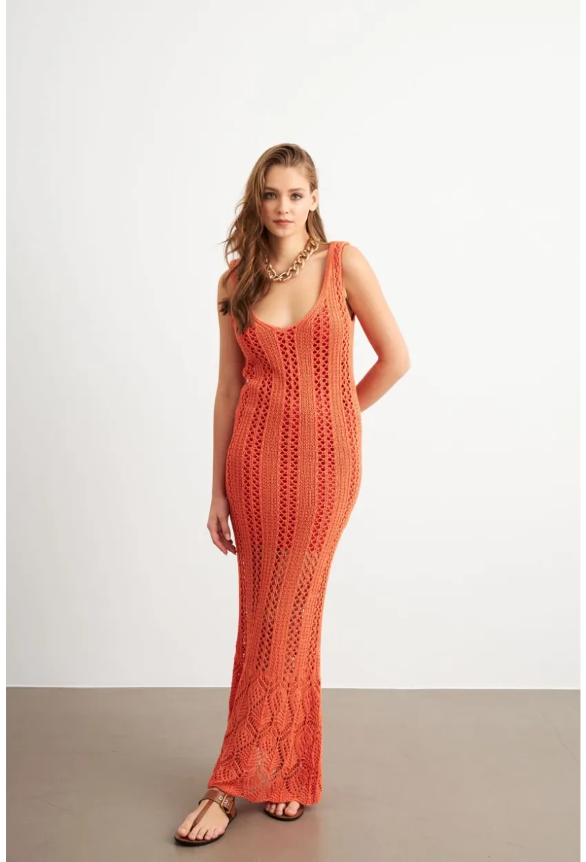 Kadın Turuncu Astarlı Ajurlu Maxi Elbise MBE15001