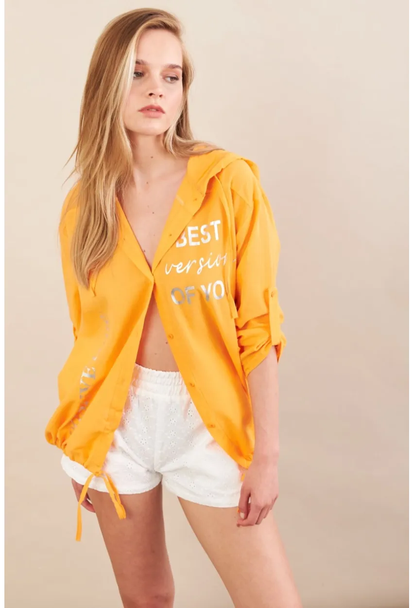 Kadın Turuncu Baskılı Kapüşonlu Gömlek MPC308