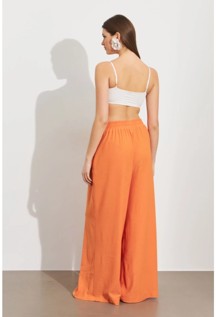 Kadın Turuncu Beli Lastikli Bürümcük Pantolon ROP105