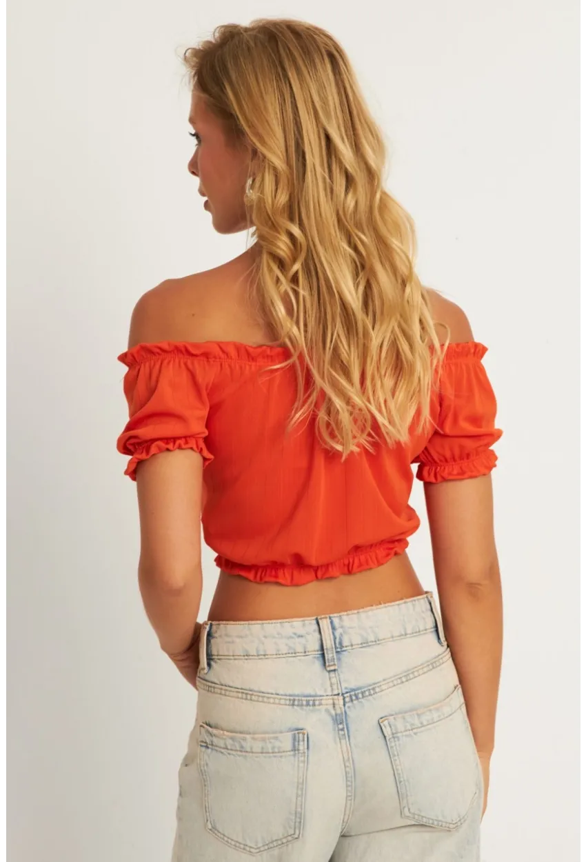 Kadın Turuncu Büzğülü Crop Bluz KAZ13