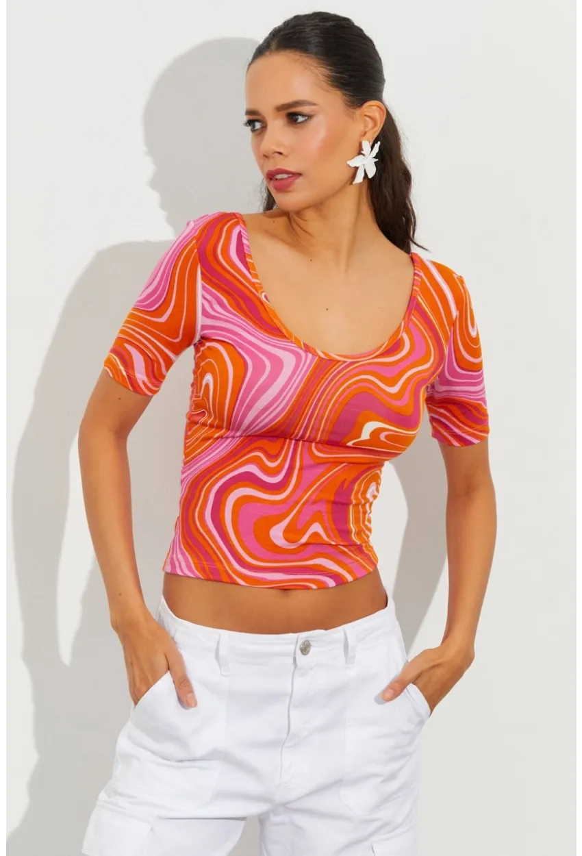 Kadın Turuncu Desenli Bluz LPP1224