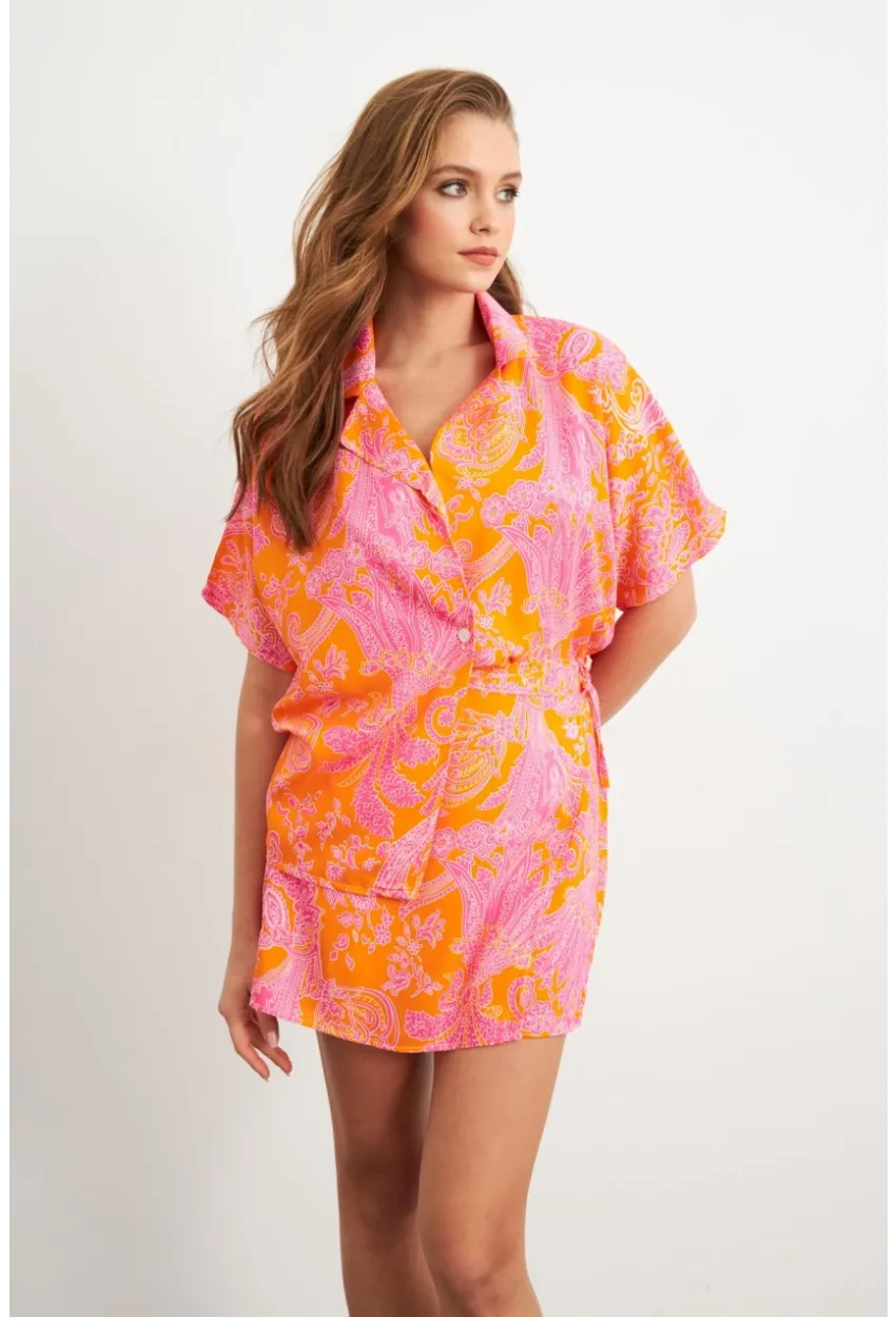 Kadın Turuncu Desenli Gömlek Şort Takım Q1007