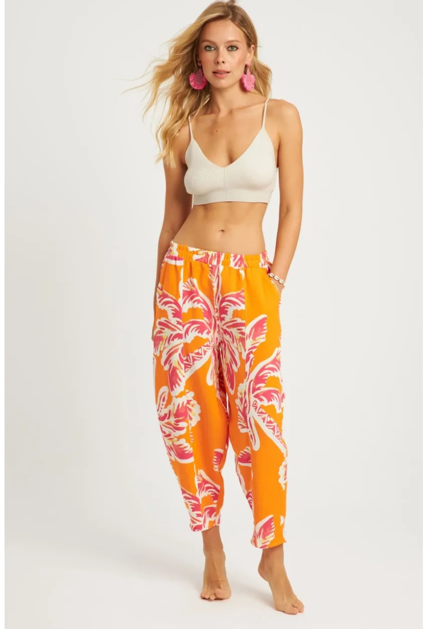 Kadın Turuncu Desenli Keten Şalvar Pantolon K1253