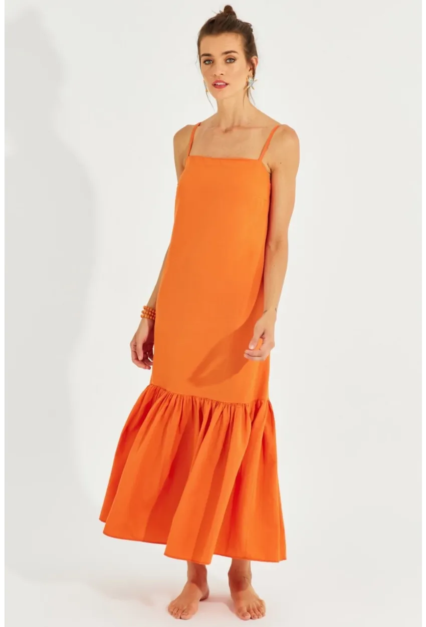 Kadın Turuncu Eteği Volanlı Askılı Midi Elbise MEN2001