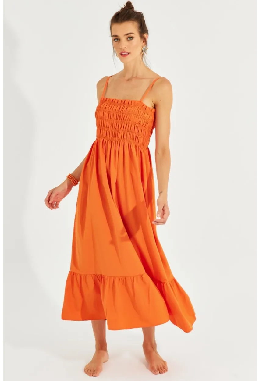 Kadın Turuncu Gipeli Askılı Midi Elbise MEN2000