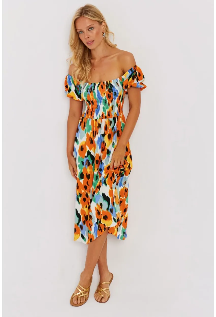 Kadın Turuncu Gipeli Desenli Midi Elbise MON126