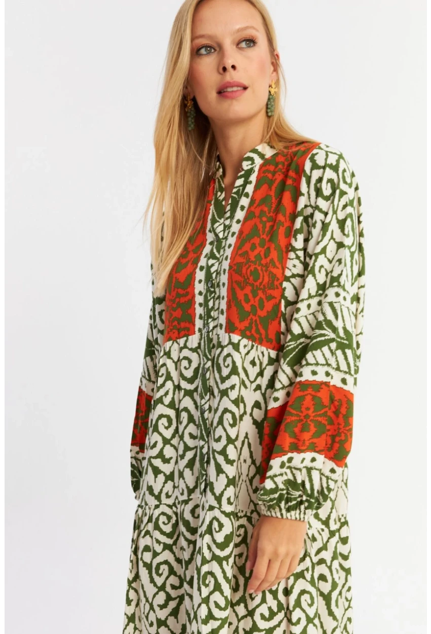 Kadın Turuncu-Haki Volanlı Maxi Elbise MALO11