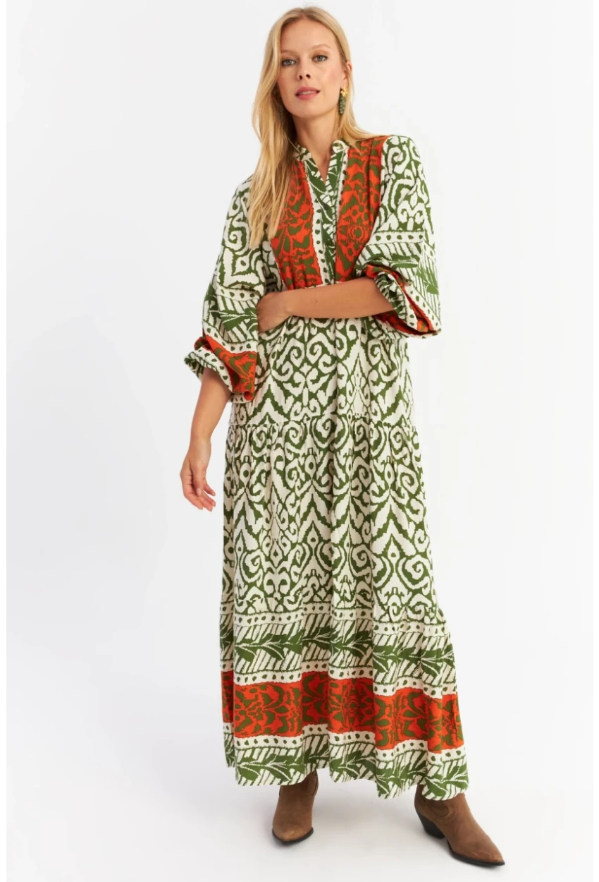 Kadın Turuncu-Haki Volanlı Maxi Elbise MALO11