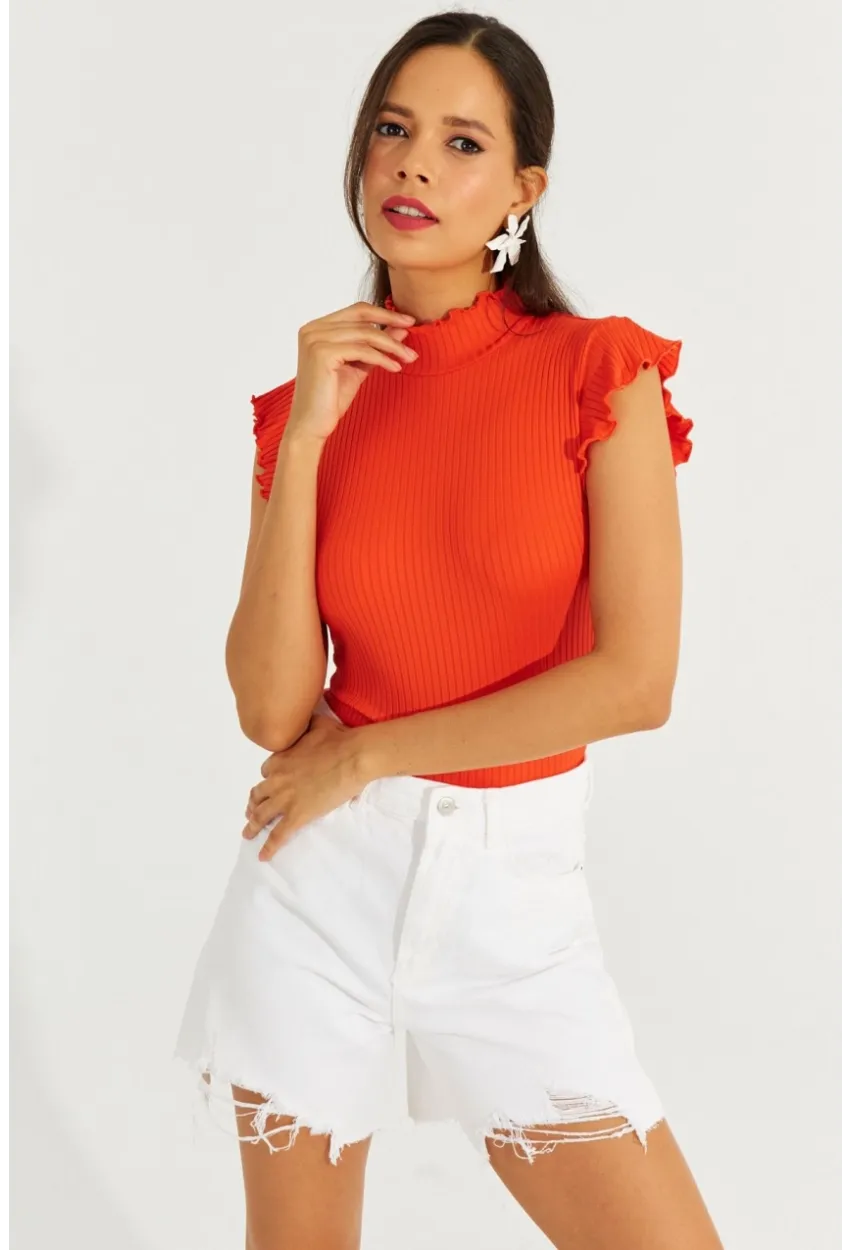 Kadın Turuncu Kolları Fırfırlı Fitilli Bluz TH1092